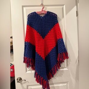 Stylish Red and Blue Crochet Poncho